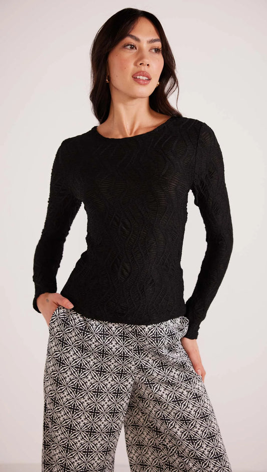 MINK PINK ELISE LONG SLEEVE MESH TOP BLACK