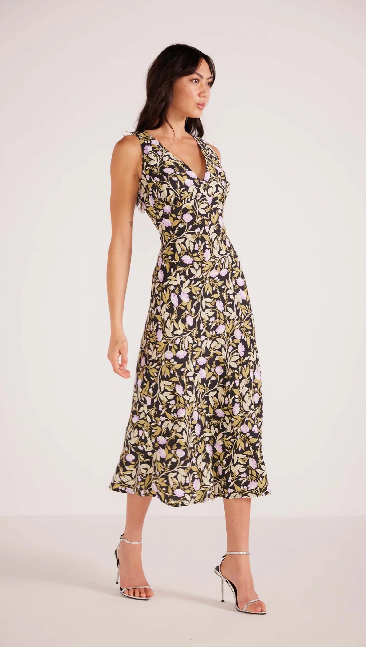 MINK PINK NOCTURNE BIAS SLIP MIDI DRESS LILAC FLORAL
