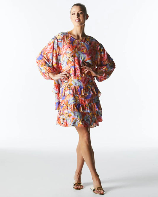 FATE+BECKER MIDSUMMER RUFFLE LONG SLEEVE MINI DRESS SUNSET PALM