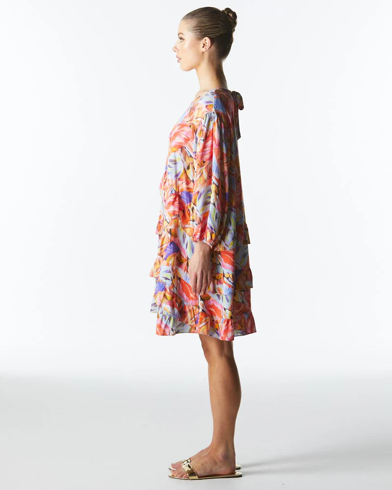 FATE+BECKER MIDSUMMER RUFFLE LONG SLEEVE MINI DRESS SUNSET PALM