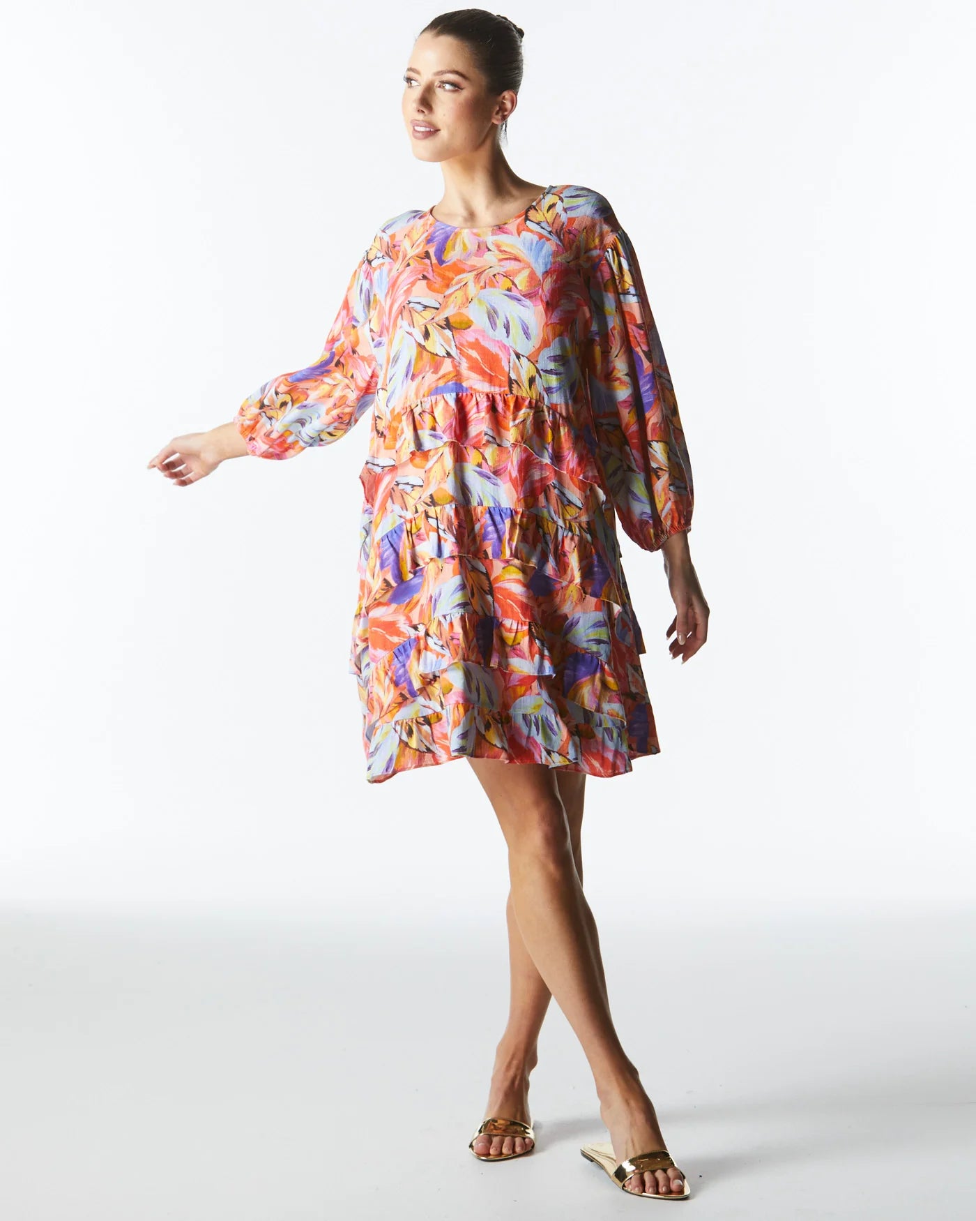FATE+BECKER MIDSUMMER RUFFLE LONG SLEEVE MINI DRESS SUNSET PALM