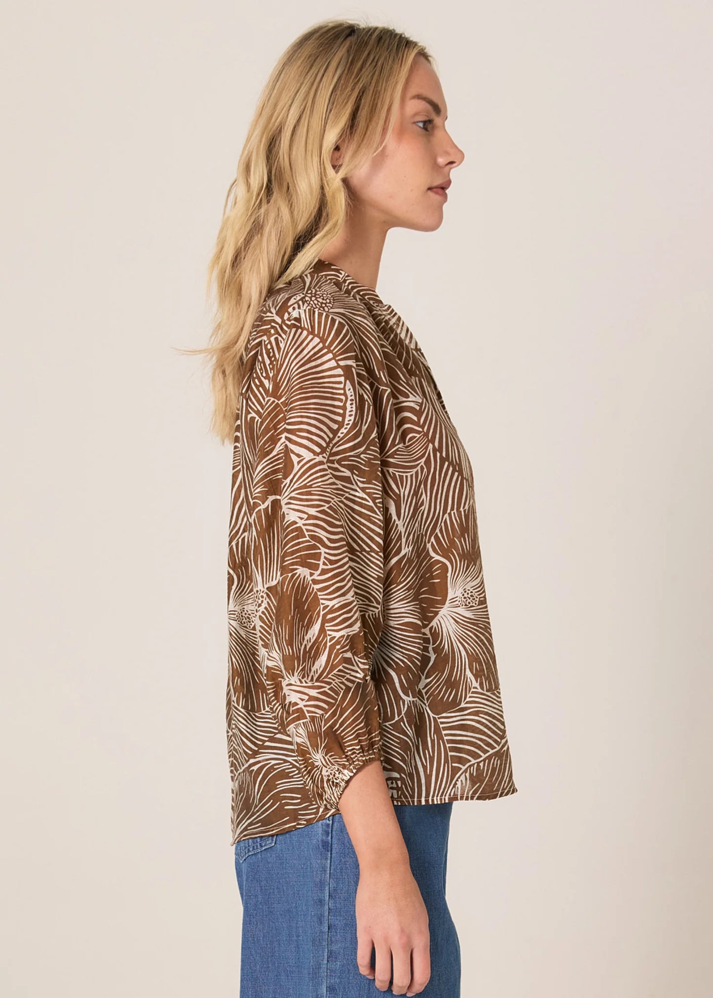 Fate+Becker Tallulah Split Neck Blouse | Brown Petal Print