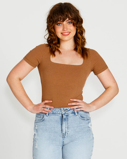 SASS AUBREY SQUARE NECK TOP BROWN