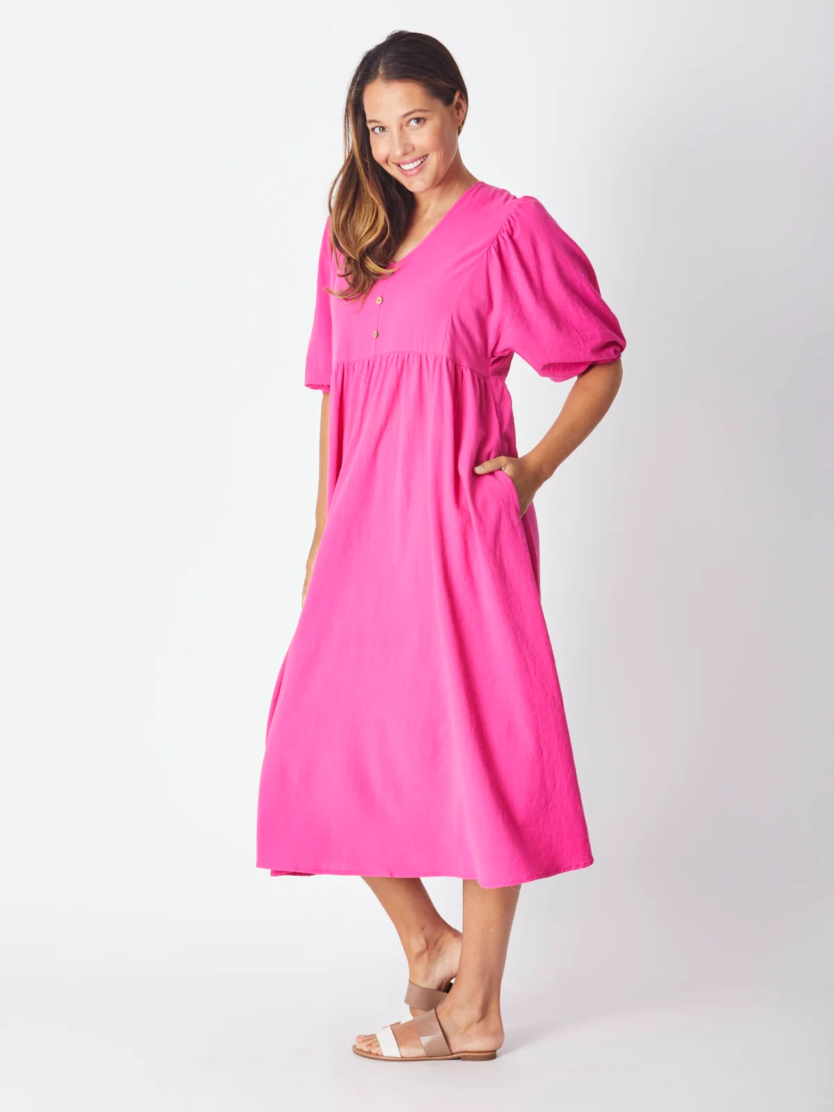 LUNA SKY BILLOW SLEEVE COTTON DRESS PINK