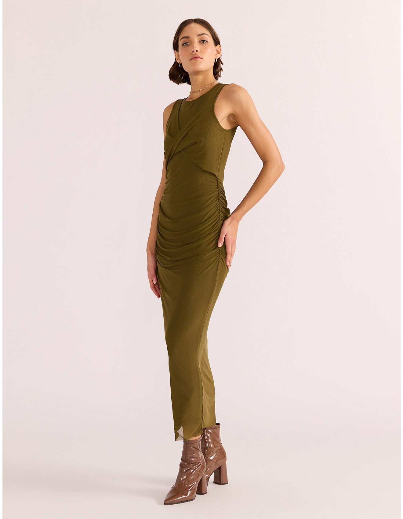 MINKPINK ELODIE MESH MIDI DRESS KHAKI