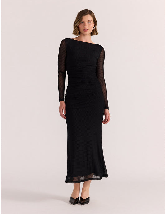 STAPLE THE LABEL KAIA SPOT MESH MAXI DRESS BLACK