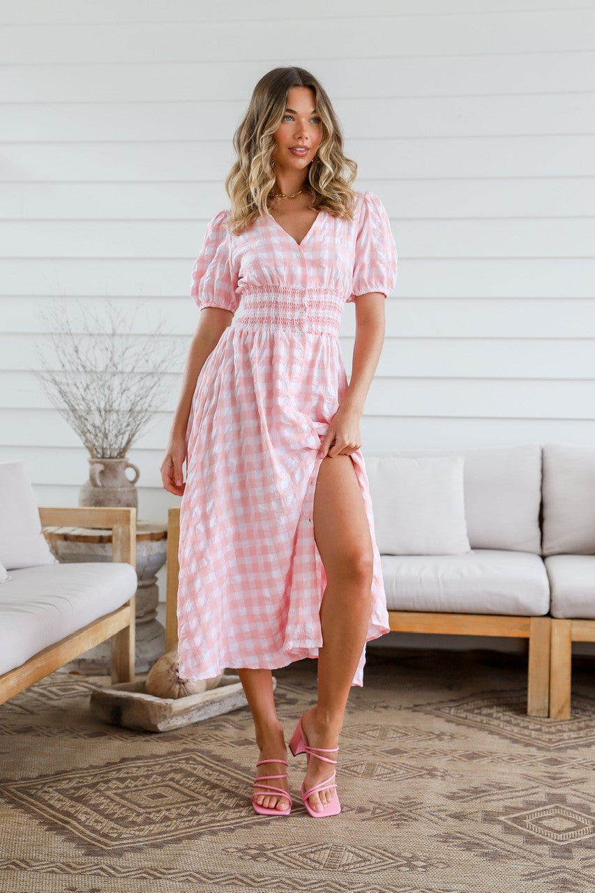 ST GERMAIN SPRING CHECK SHIRRED BUTTON DRESS SOFT PINK