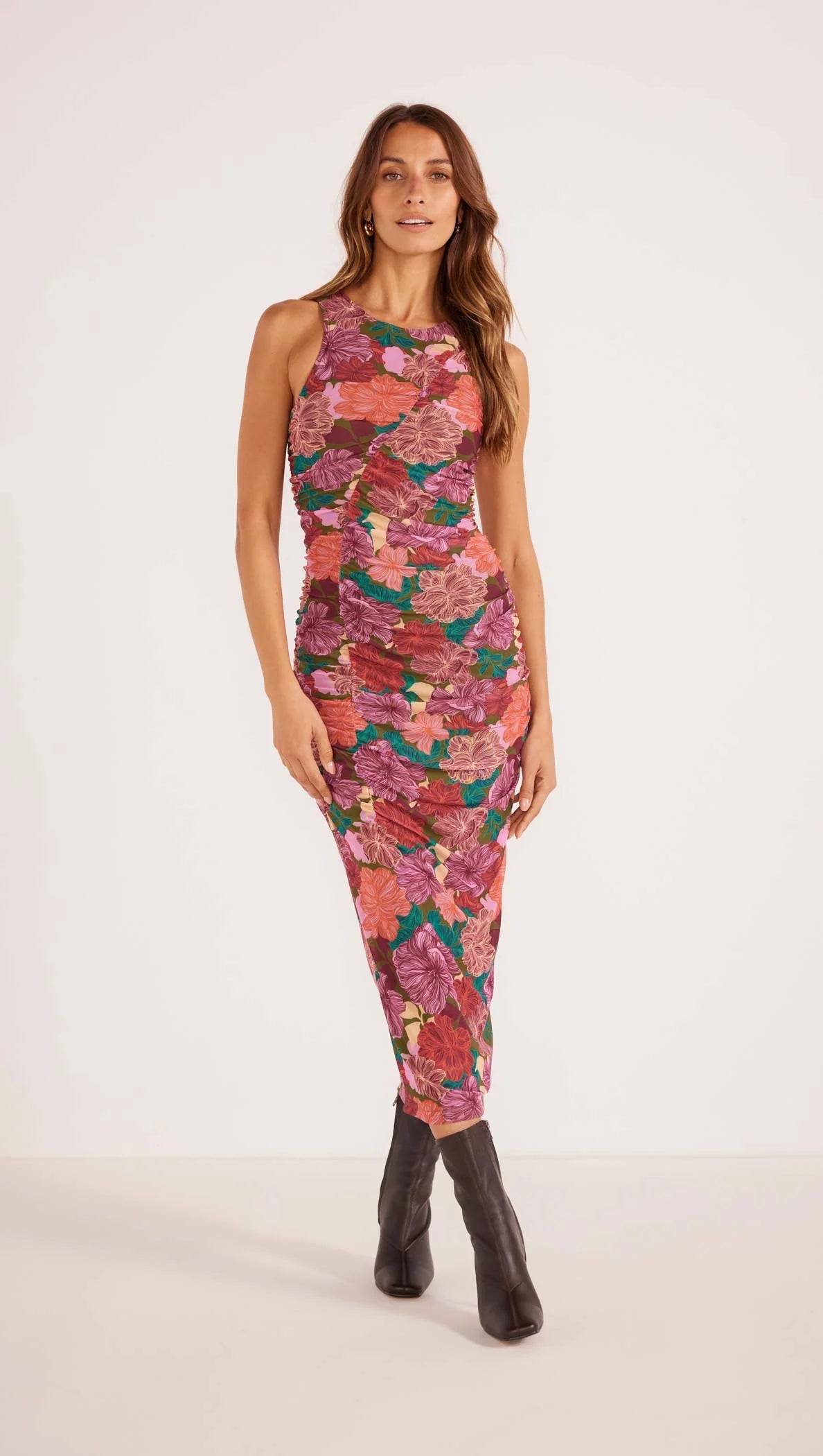 MINKPINK ZORA RUCHED MIDI DRESS FALL FLORAL