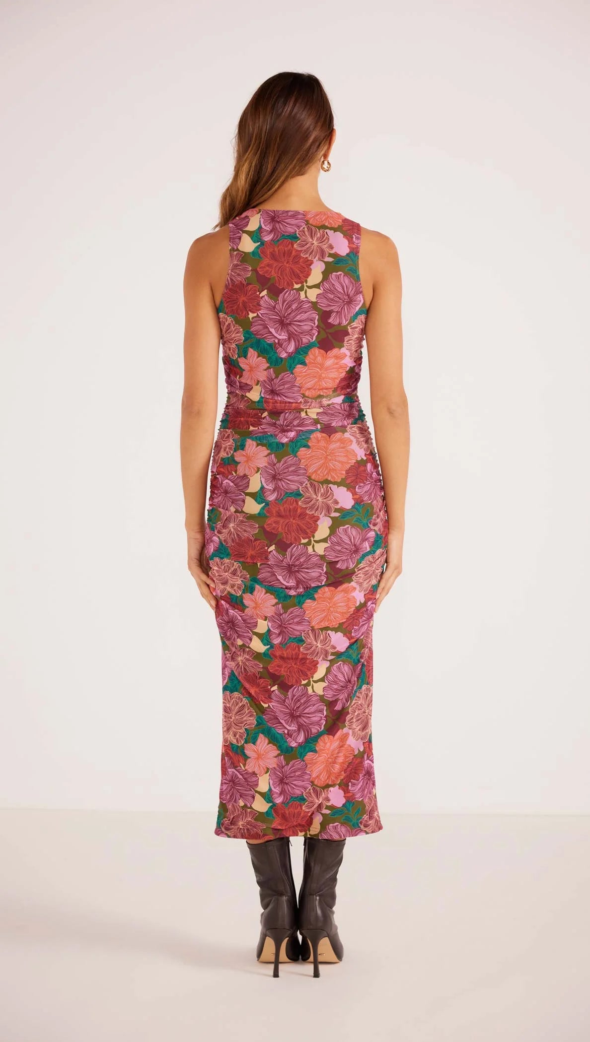 MINKPINK ZORA RUCHED MIDI DRESS FALL FLORAL