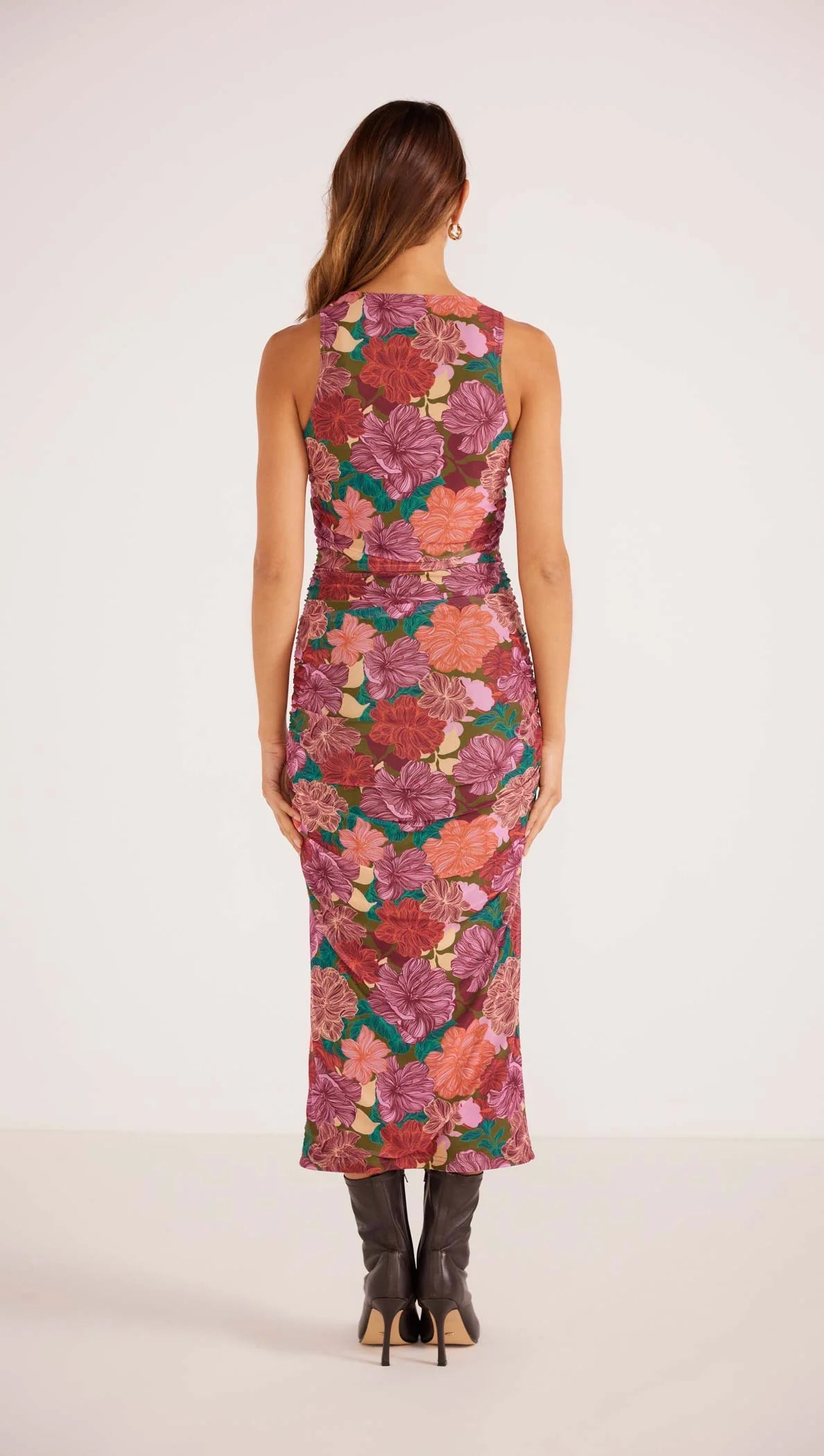 MINKPINK ZORA RUCHED MIDI DRESS FALL FLORAL