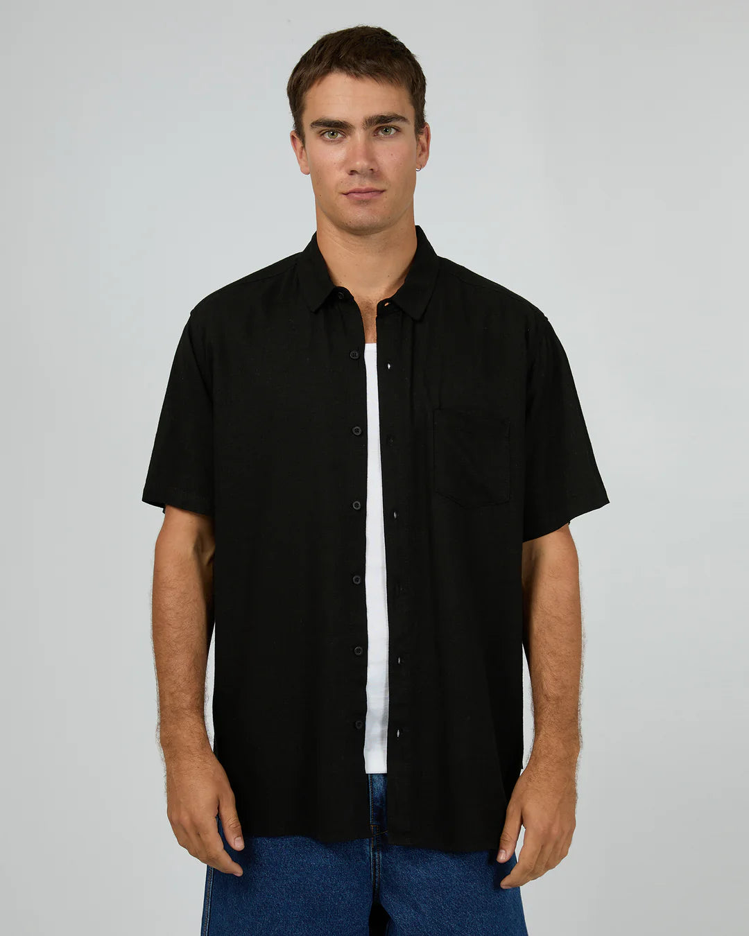 SILENT THEORY TEXTURED LINEN SS SHIRT BLACK