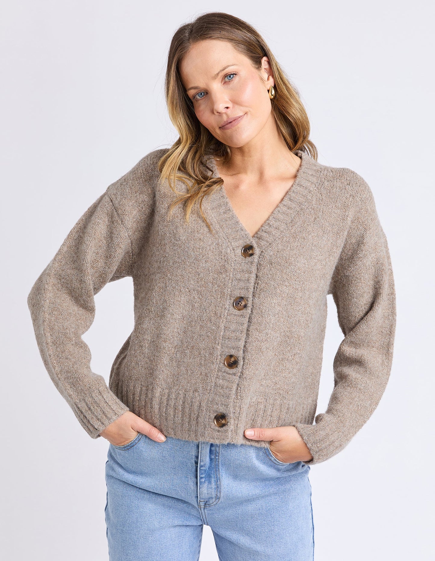 FOXWOOD JENSEN BUTTON CARDI CREW MUSHROOM
