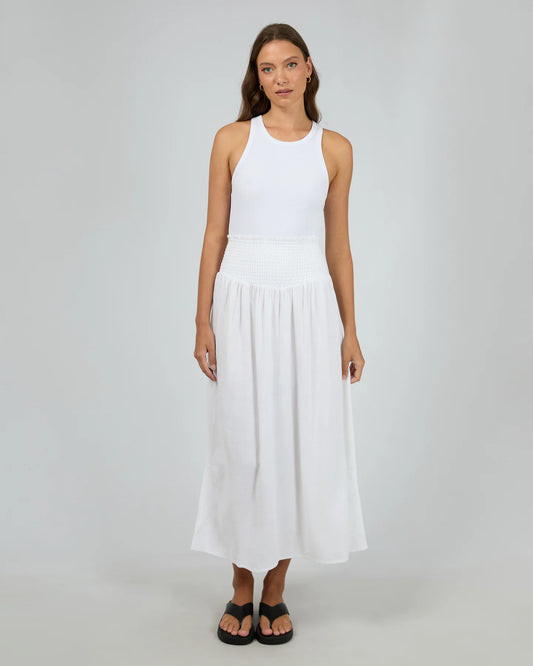 ALL ABOUT EVE LUXE LINEN SHIRRED MAXI SKIRT VINTAGE WHITE