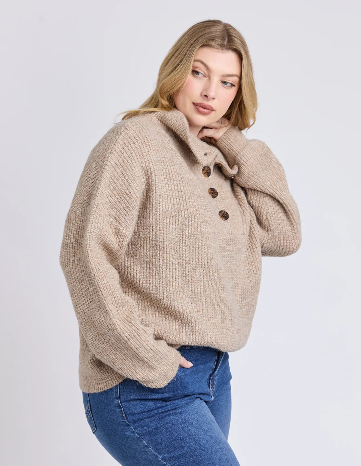 ELM BRON BUTTON KNIT OAT