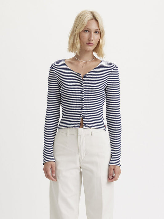 LEVI'S WOMEN'S MONICA LONG SLEEVE T-SHIRT PENNY STRIPE CLOUD DANCER