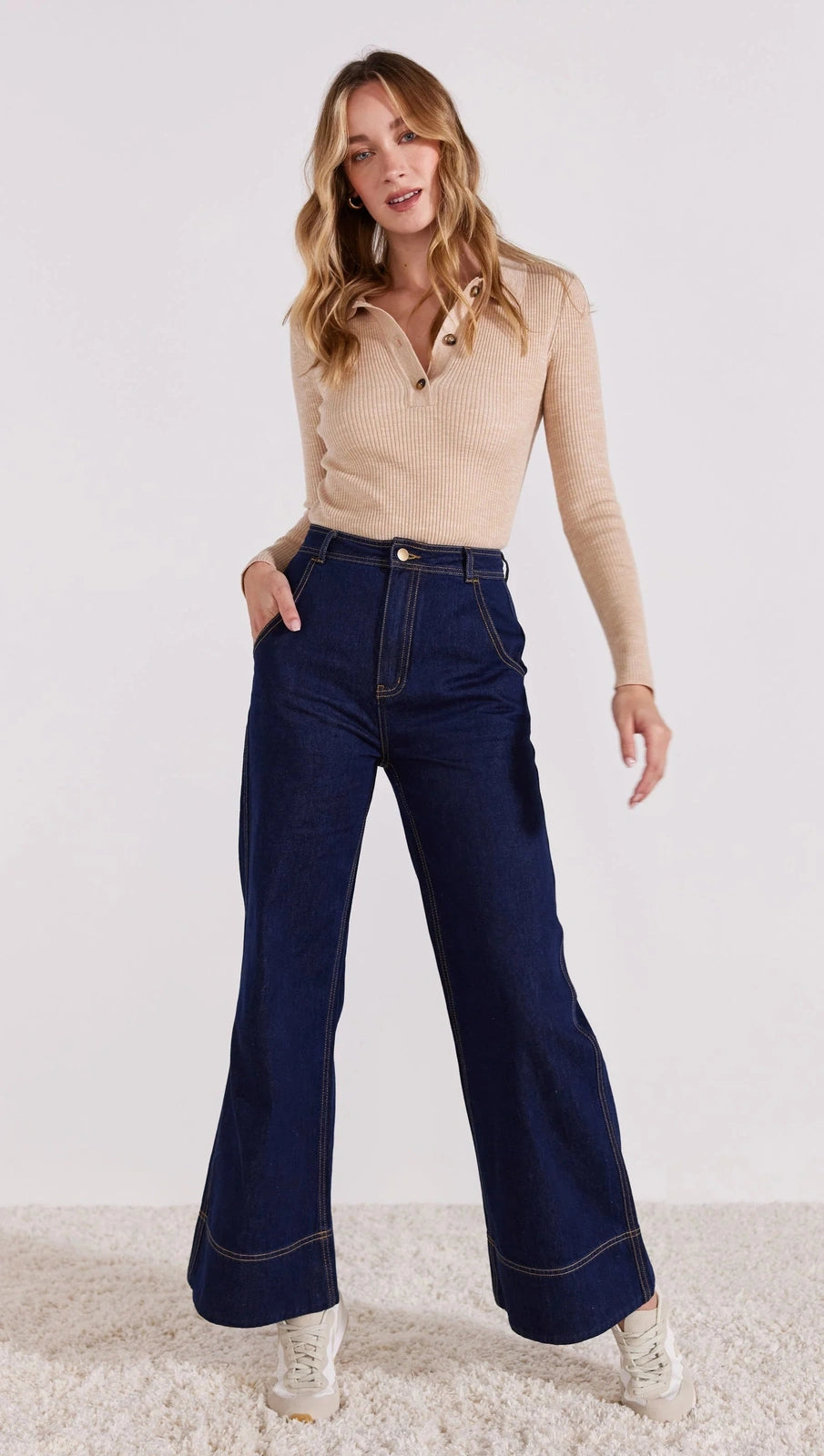 STAPLE THE LABEL ALTA COLLARED KNIT TOP BEIGE MARLE