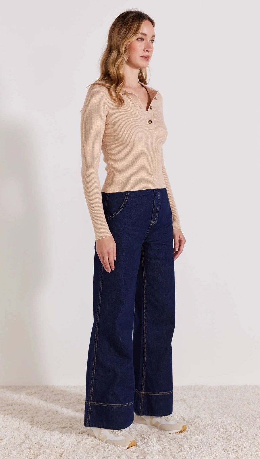 STAPLE THE LABEL ALTA COLLARED KNIT TOP BEIGE MARLE