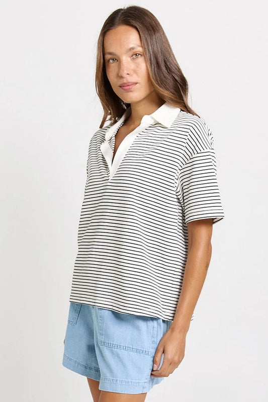 Betty Basics Freddy Polo Top | White/Navy Stripe