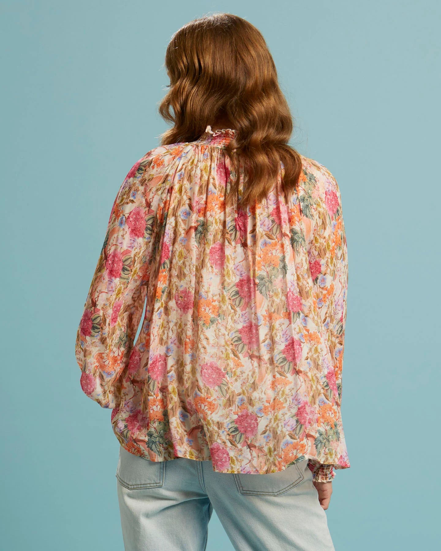 FATE+BECKER ANOTHER LOVE SHIRRED NECK TOP SHORT SLEEVE VINTAGE FLORAL