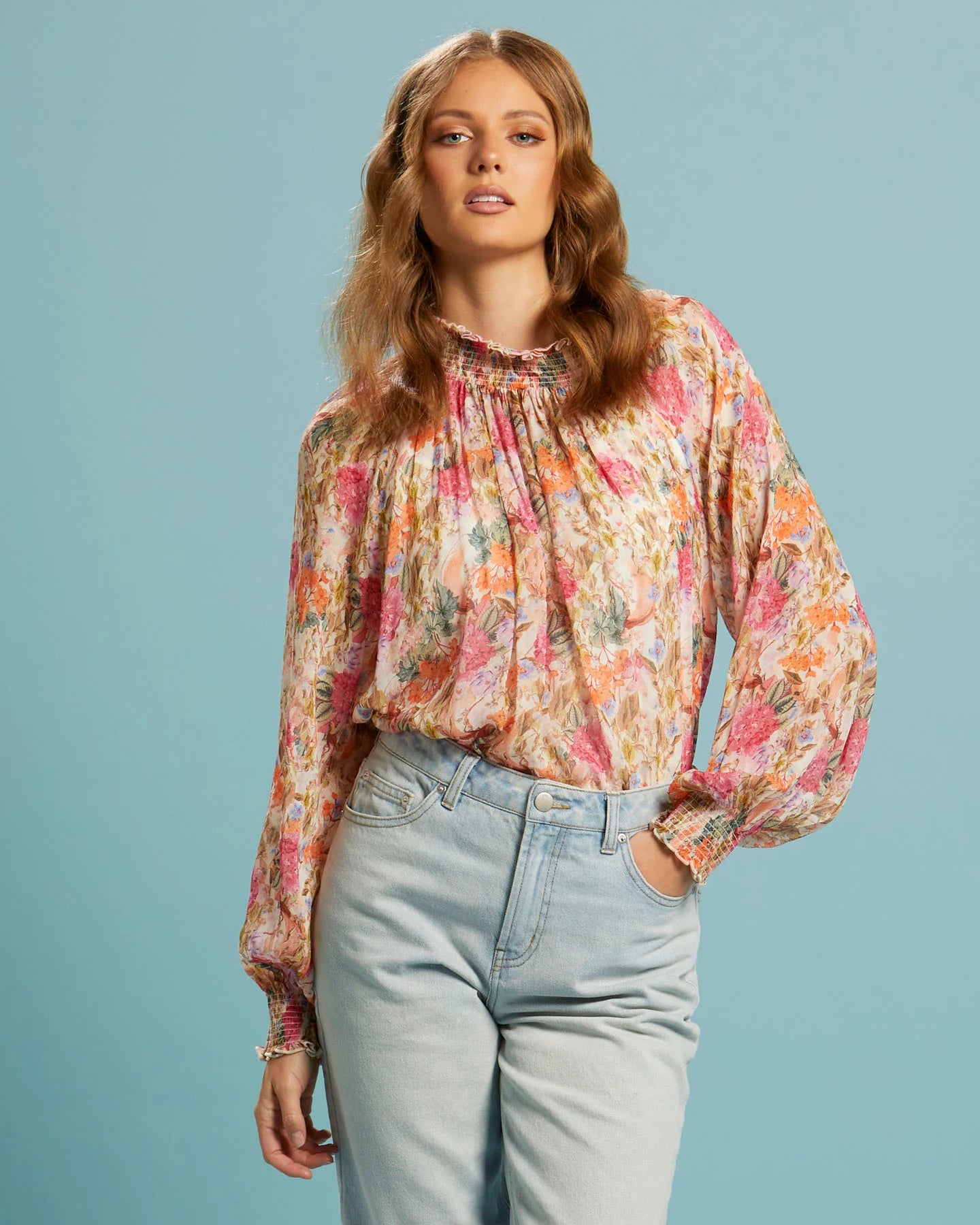FATE+BECKER ANOTHER LOVE SHIRRED NECK TOP SHORT SLEEVE VINTAGE FLORAL