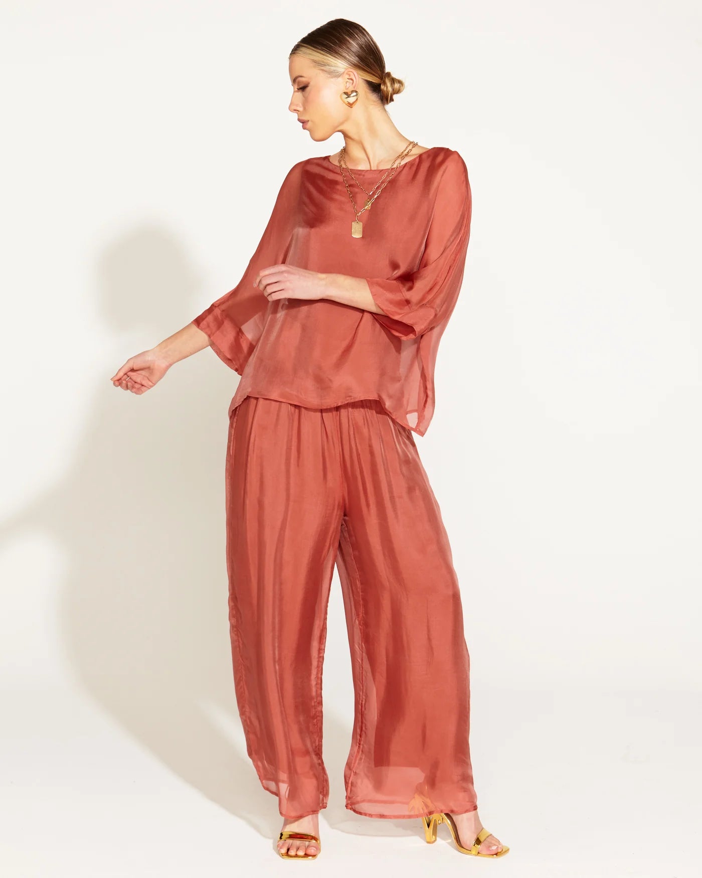 FATE+BECKER SUNLIGHT AND SHADOW SILK PANT BURNT ROSE