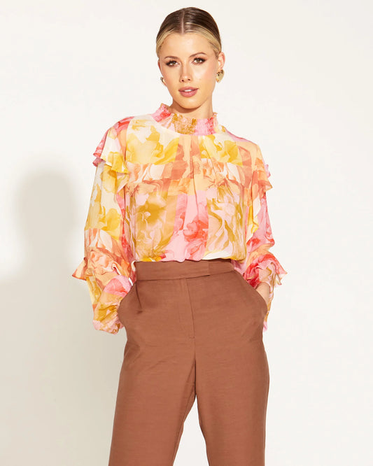 FATE+BECKER EARTHLY PARADISE LONG SLEEVE SHEER BLOUSE PARADISE FLORAL