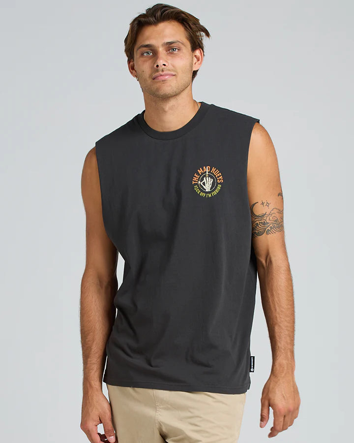 THE MAD HUEYS FK OFF IM FISHING MUSCLE VINTAGE BLACK