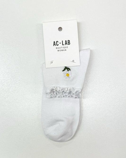 Ac-Lab Quarter Crew Sock Frill Embroided Daisy | White