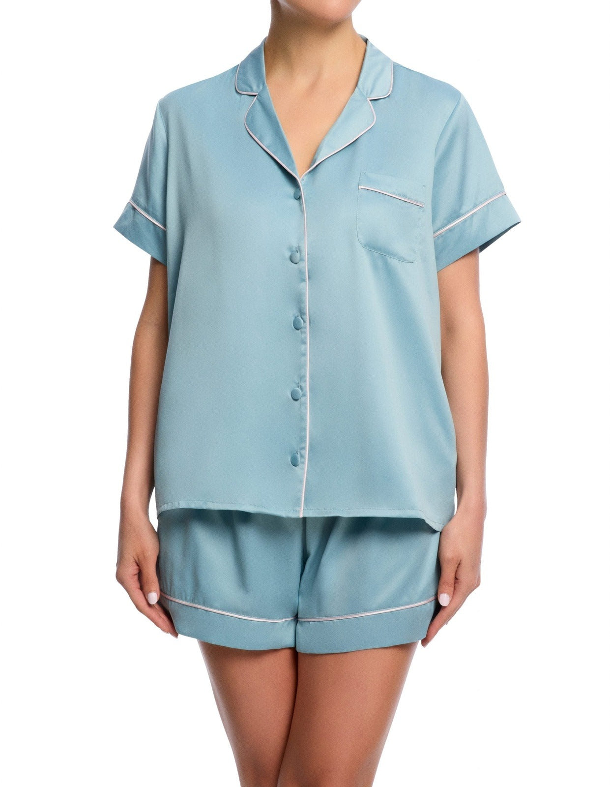 SAINTED SISTERS PRINTED SATIN S/S PJS DUCK EGG BLUE