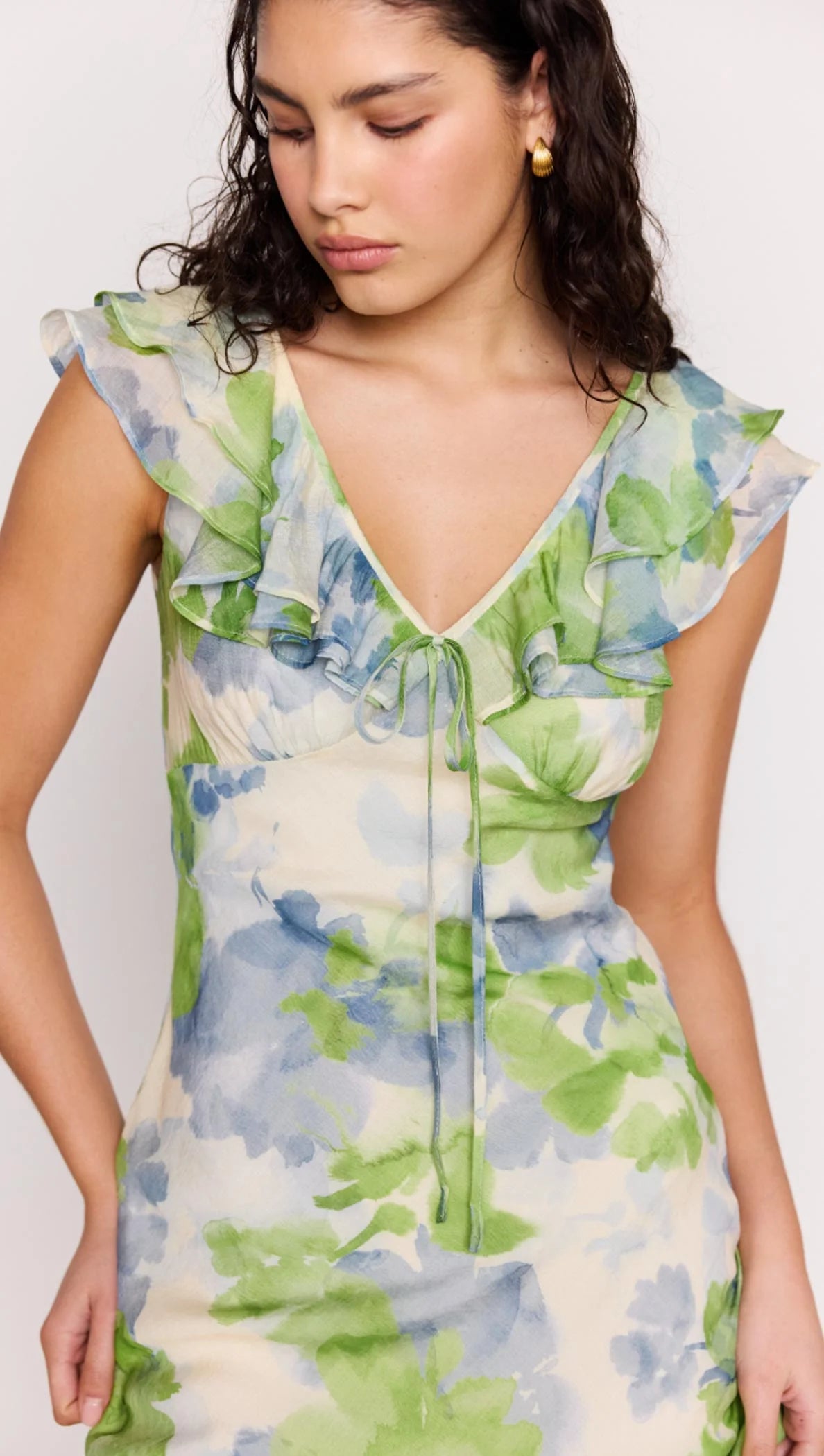 Mink Pink Carrie Ruffled Midi Dress | Watercolour Floral