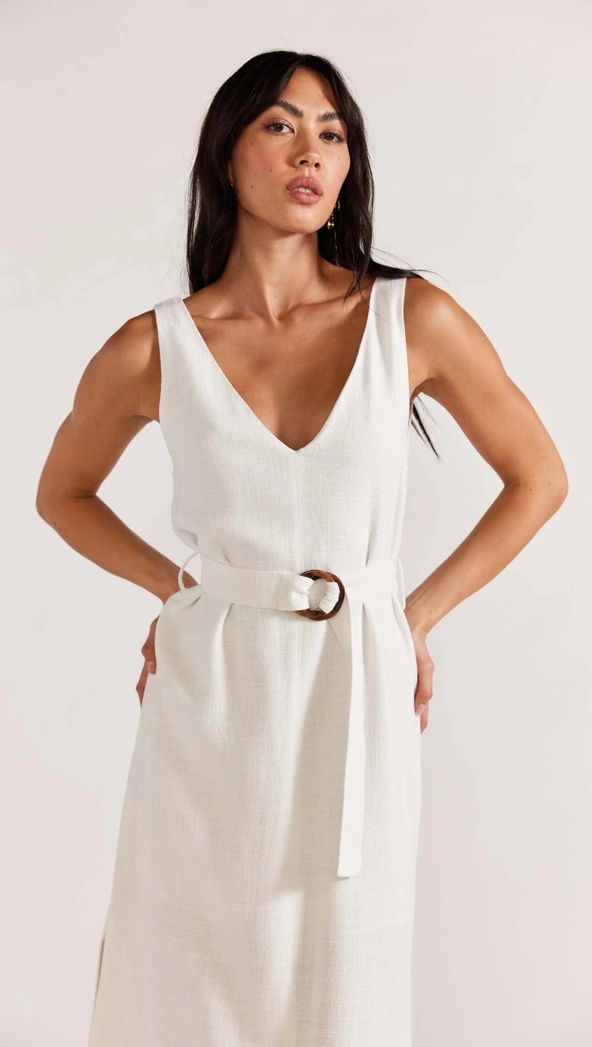 STAPLE THE LABEL OLINA BELTED MIDI DRESS WHITE