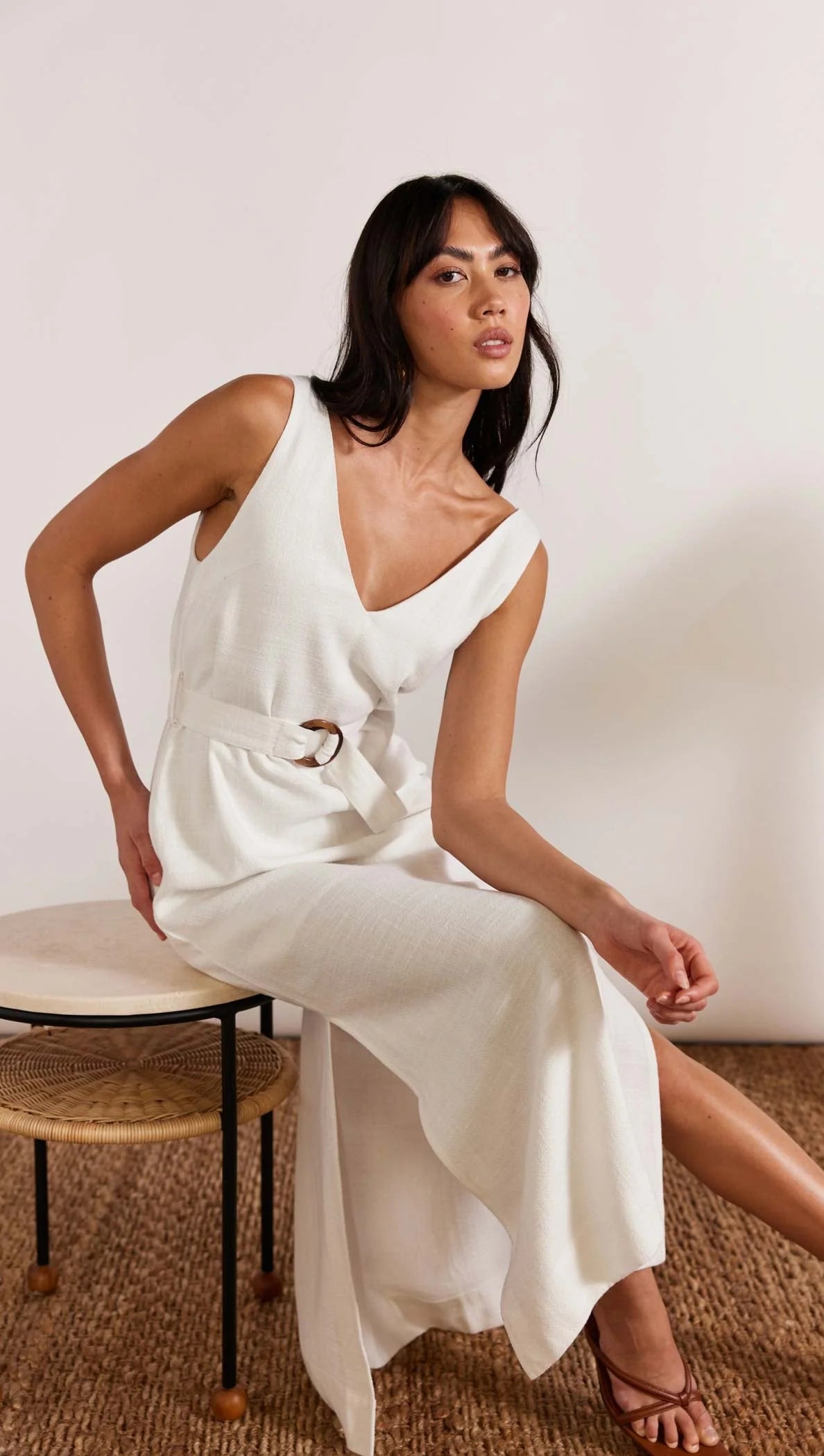 STAPLE THE LABEL OLINA BELTED MIDI DRESS WHITE