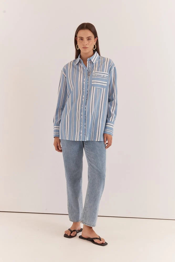 Sass Nyx Piped Stripe Shirt | Blue Stripe