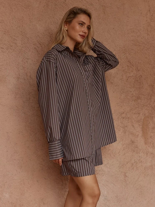 Sass Marty Piped Stripe Shirt | Chocolate Stripe