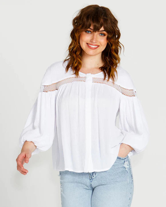 SASS RAVA BOHO 3/4 SLEEVE TOP WHITE