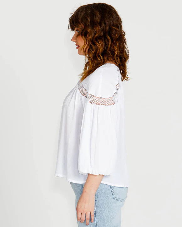 SASS RAVA BOHO 3/4 SLEEVE TOP WHITE