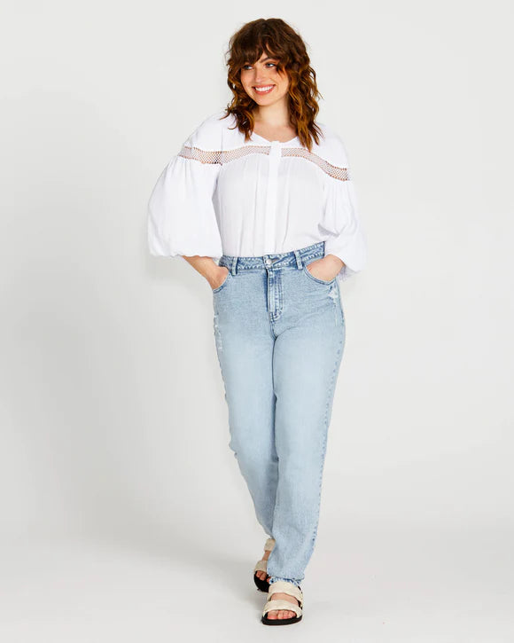 SASS RAVA BOHO 3/4 SLEEVE TOP WHITE