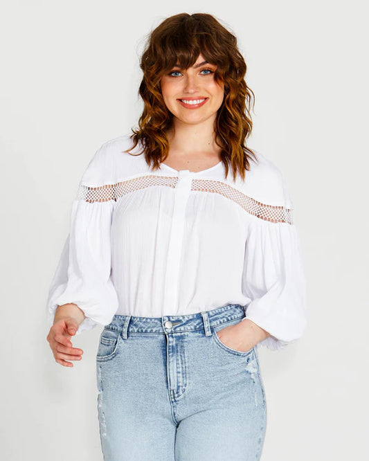 SASS RAVA BOHO 3/4 SLEEVE TOP WHITE