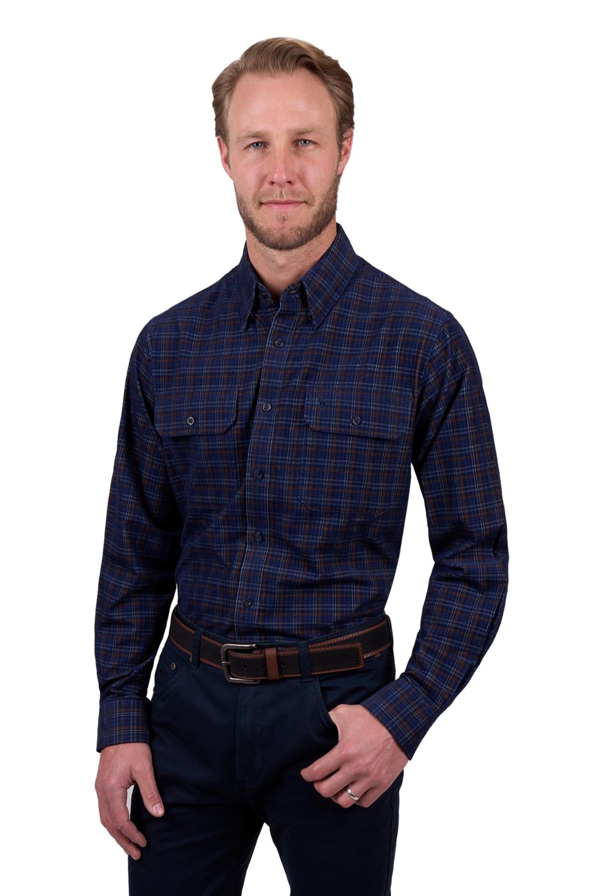 THOMAS COOK MAX THERMAL 2 POCKET LS SHIRT NAVY/TAN