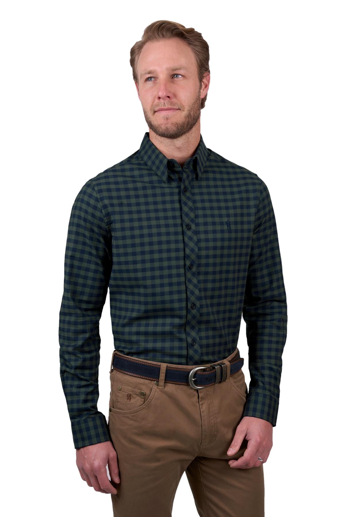 THOMAS COOK MENS TIM TAILORED LS SHIRT NAVY/GREEN