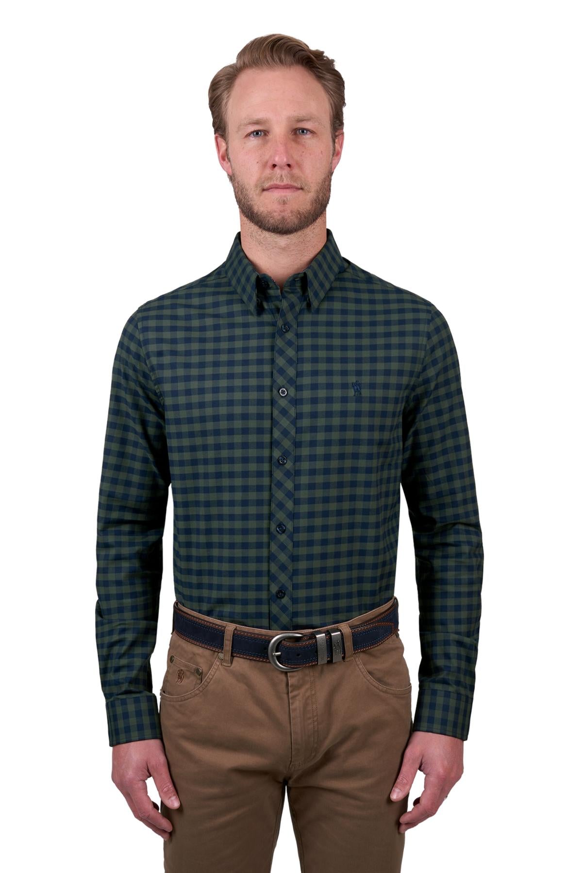 THOMAS COOK MENS TIM TAILORED LS SHIRT NAVY/GREEN