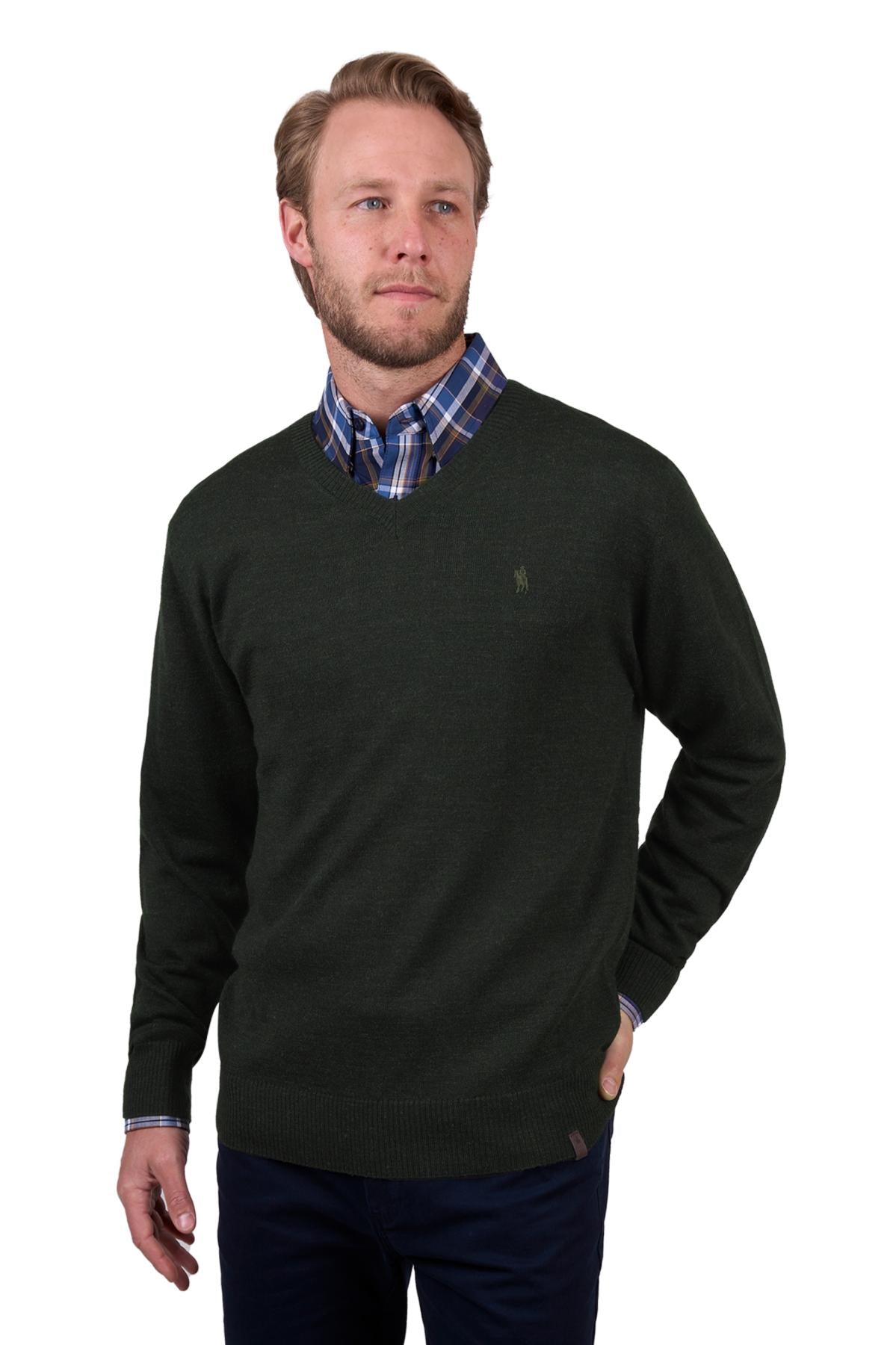 THOMAS COOK MENS MATT V NECK JUMPER OLIVE MARLE