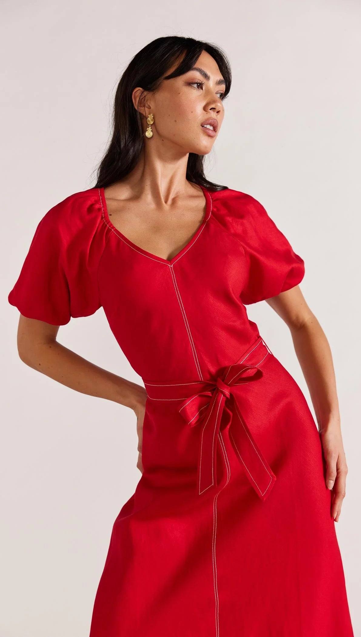 STAPLE THE LABEL VALENCIA BELTED MIDI DRESS RED