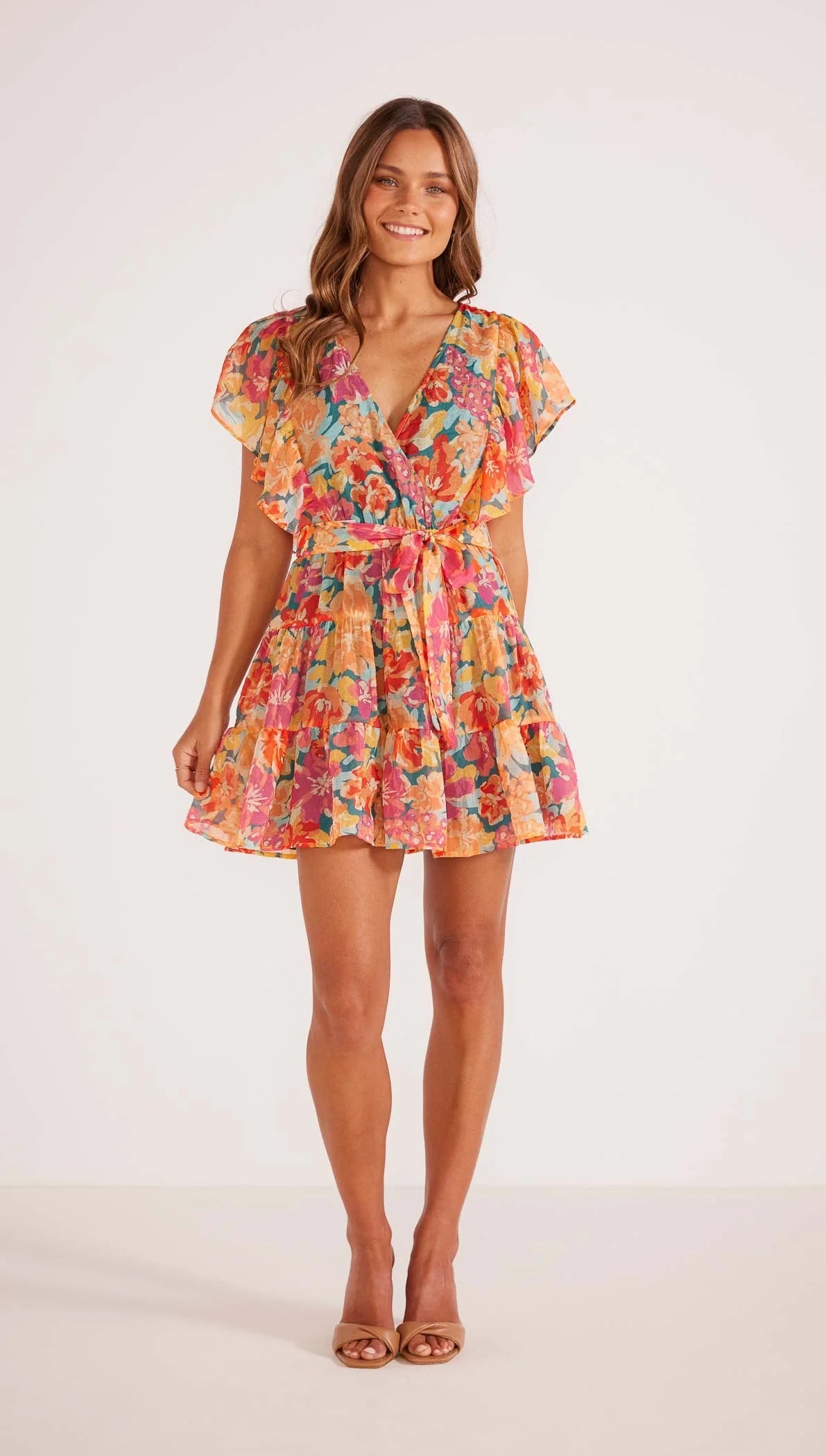 MINK PINK VALLA FLUTTER DRESS PINK FLORAL