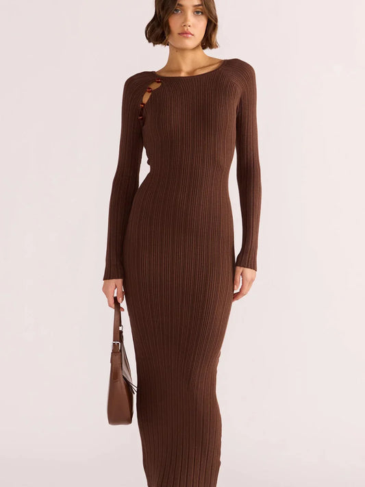 MINK PINK ZINNIA BEAD KNIT MIDI DRESS CHOCOLATE