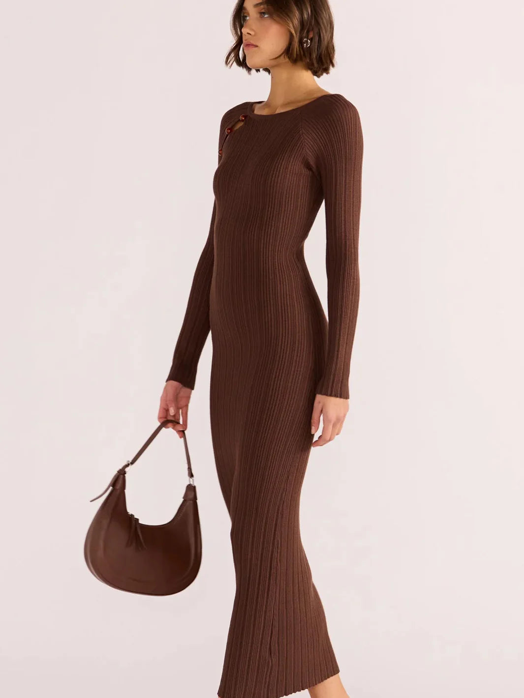 MINK PINK ZINNIA BEAD KNIT MIDI DRESS CHOCOLATE