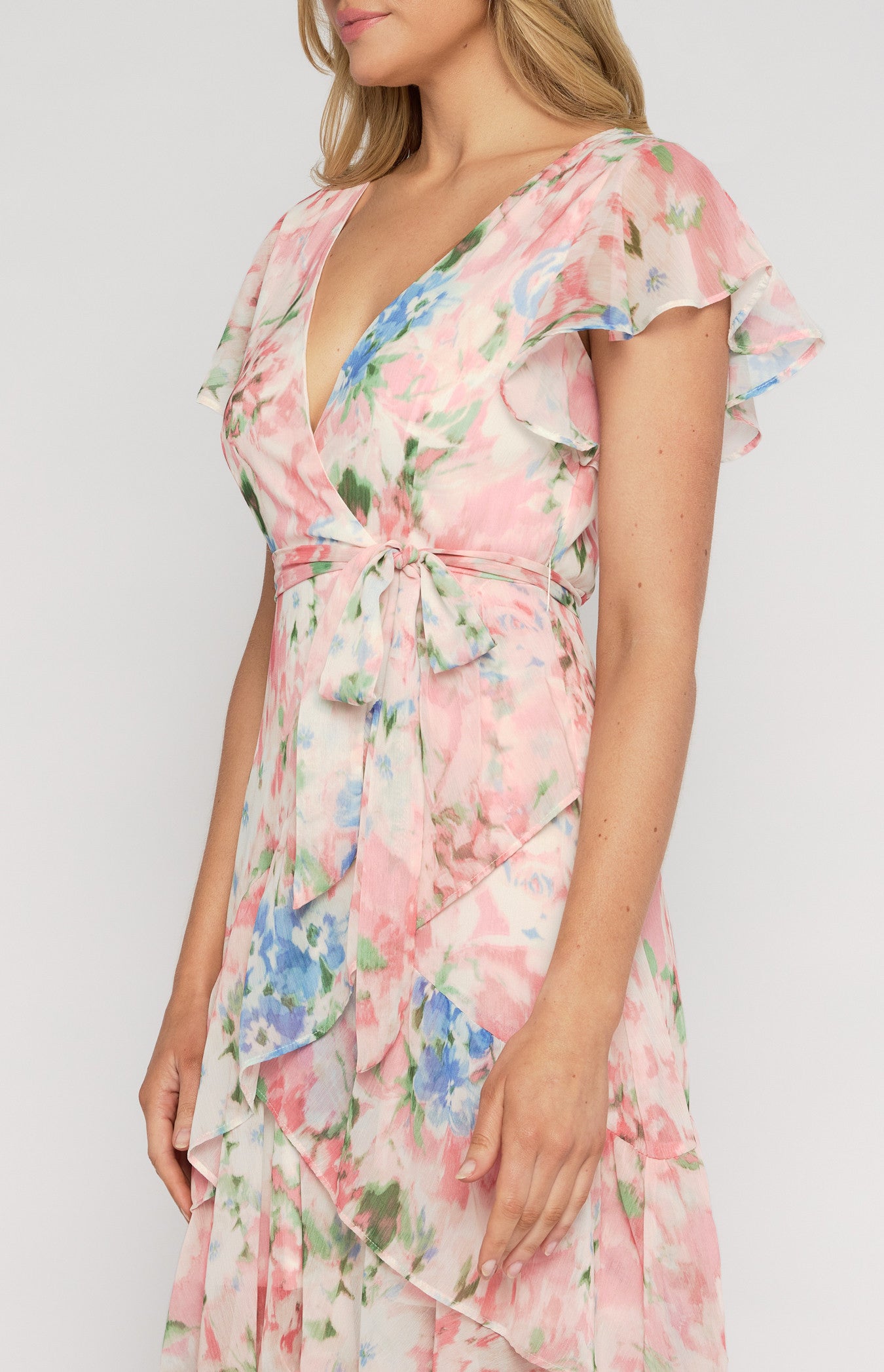 STYLE STATE FLORAL PRINT WATERFALL HEM MIDI DRESS PINK