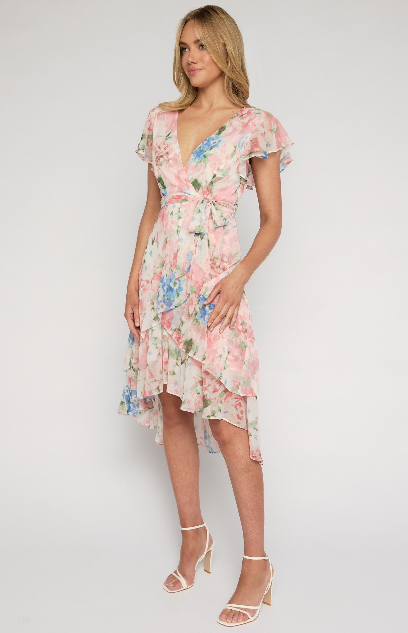STYLE STATE FLORAL PRINT WATERFALL HEM MIDI DRESS PINK