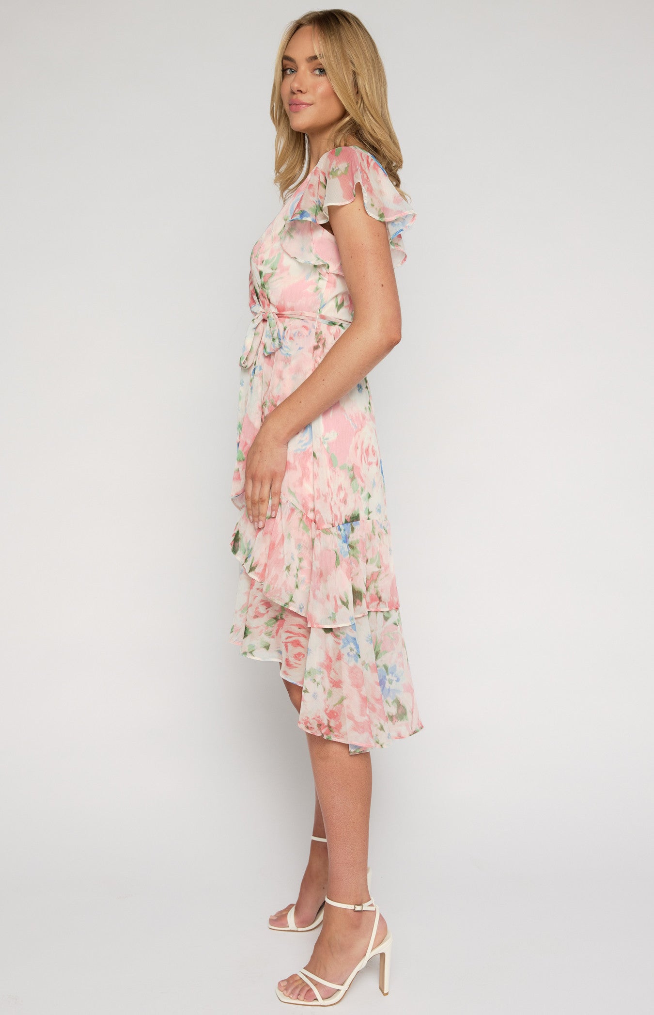 STYLE STATE FLORAL PRINT WATERFALL HEM MIDI DRESS PINK