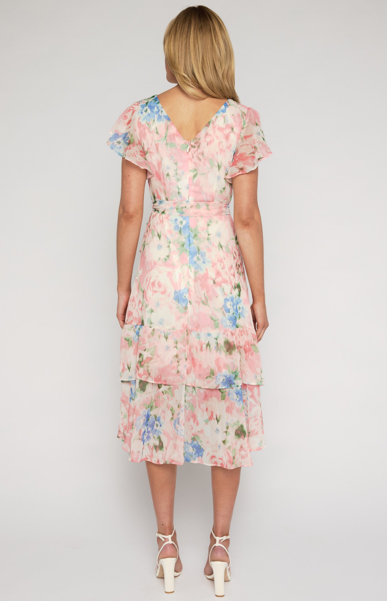 STYLE STATE FLORAL PRINT WATERFALL HEM MIDI DRESS PINK